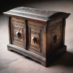 A detailed wooden chest with intricate carvings and metal accents, sitting on a stone floor in a dimly lit room