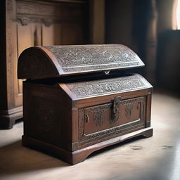 A detailed wooden chest with intricate carvings and metal accents, sitting on a stone floor in a dimly lit room