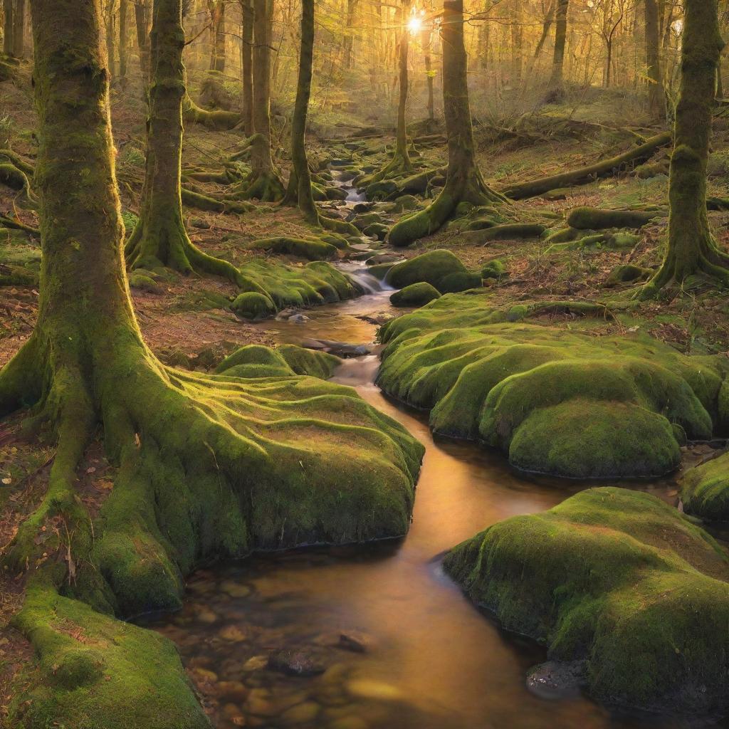 A vibrant image of a tranquil forest bathed in golden sunset light, a sparkling brook meandering through the moss-covered trees, creating a sense of peace and serenity