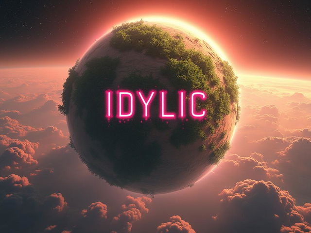 A freshly terraformed planet in a massive solar system with lush landscapes and the text 'IDYLLIC' in pink over the top.