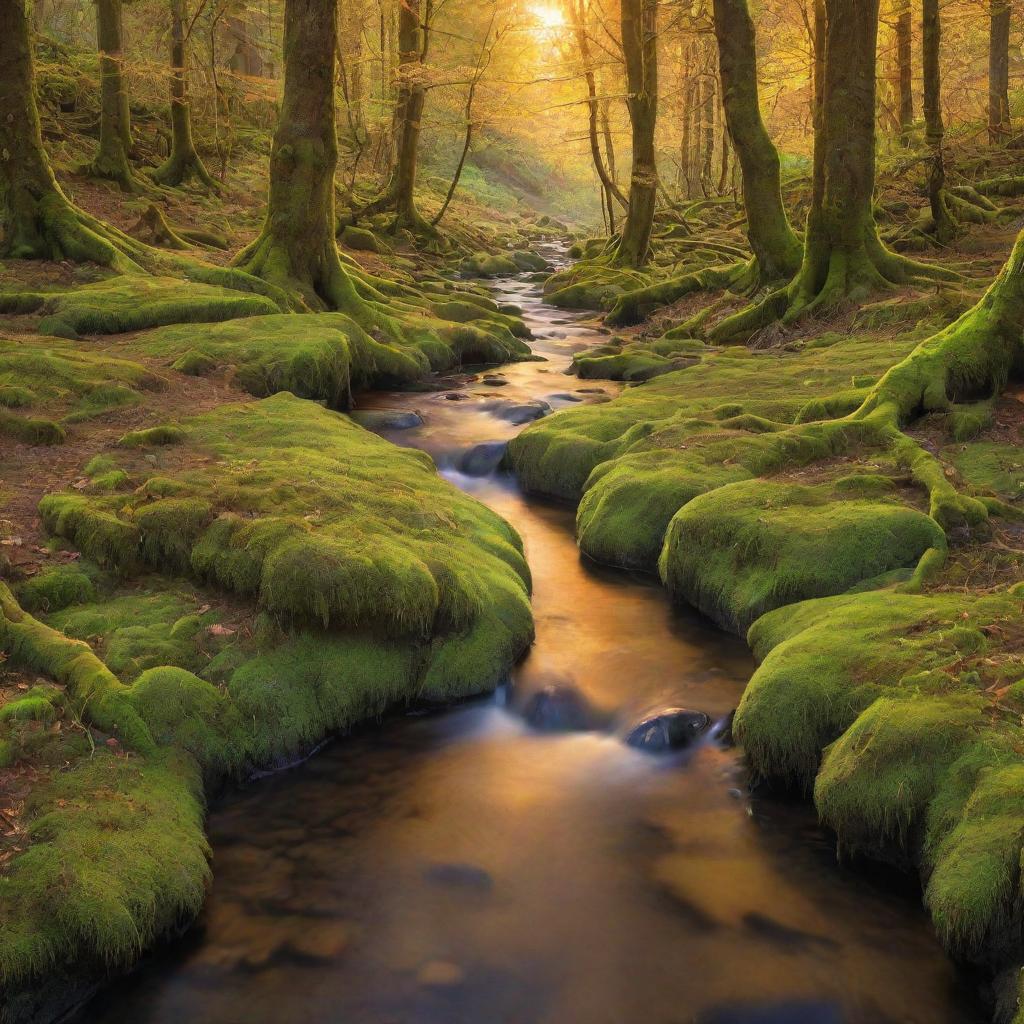 A vibrant image of a tranquil forest bathed in golden sunset light, a sparkling brook meandering through the moss-covered trees, creating a sense of peace and serenity