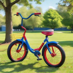 A colorful tricycle parked in a sunny park