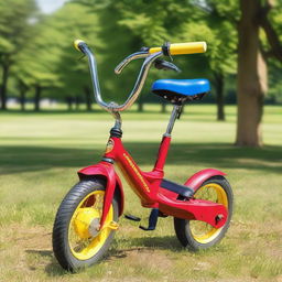 A colorful tricycle parked in a sunny park