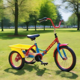 A colorful tricycle parked in a sunny park