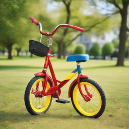 A colorful tricycle parked in a sunny park