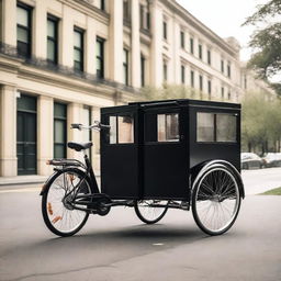 A rear cargo tricycle with suspension parked on a city street