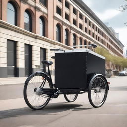 A rear cargo tricycle with suspension parked on a city street