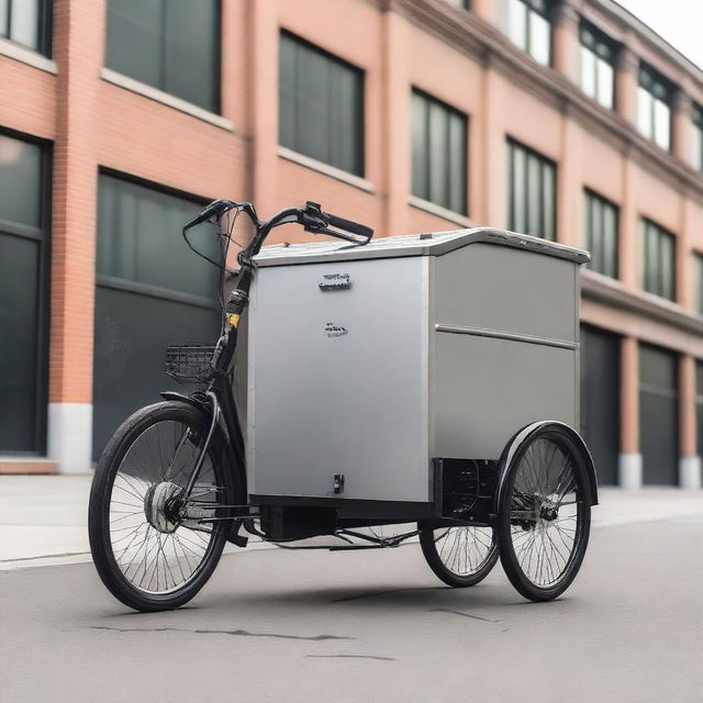 A rear cargo tricycle with suspension parked on a city street