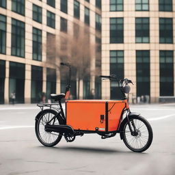 A rear cargo tricycle with suspension parked on a city street