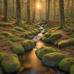 A vibrant image of a tranquil forest bathed in golden sunset light, a sparkling brook meandering through the moss-covered trees, creating a sense of peace and serenity