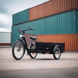 A rear cargo tricycle with a flatbed and suspension parked on an industrial street