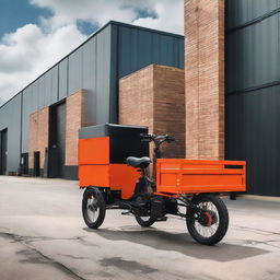 A rear cargo tricycle with a flatbed and suspension parked on an industrial street