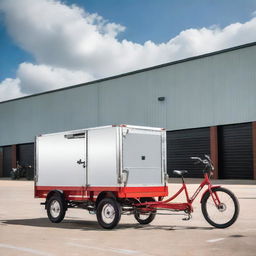 A rear cargo tricycle with a flatbed and suspension parked on an industrial street