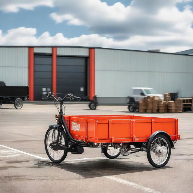 A rear cargo tricycle with a flatbed and suspension parked on an industrial street