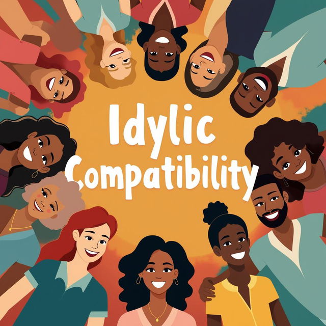 Create a high-quality, beautiful social media ad graphic featuring the phrase 'Idyllic Compatibility,' depicting themes of compatibility and human connection with diverse, smiling people and harmonious colors