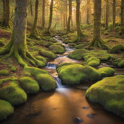 A vibrant image of a tranquil forest bathed in golden sunset light, a sparkling brook meandering through the moss-covered trees, creating a sense of peace and serenity