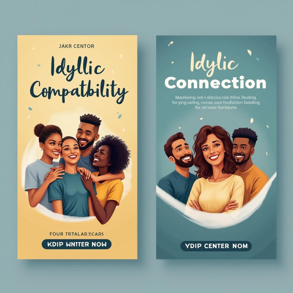 Create a high-quality, beautiful social media ad graphic featuring the phrases 'Idyllic Compatibility' and 'Idyllic Connection,' depicting themes of compatibility and human connection with diverse, smiling people and harmonious colors