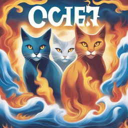 A book cover featuring three cats, each representing a different elemental power: fire, air, and water