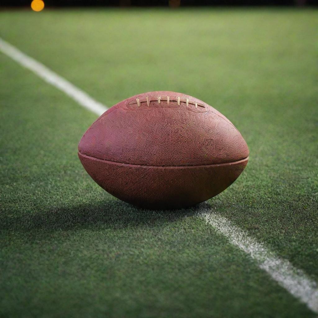 A dynamic image of a football in motion, gleaming under stadium lights on a grass field.