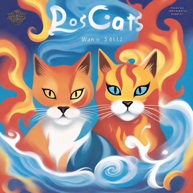 A book cover featuring three cats, each representing a different elemental power: fire, air, and water