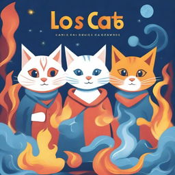 Create a book cover featuring three anthropomorphic cats, each with elemental powers: fire, air, and water