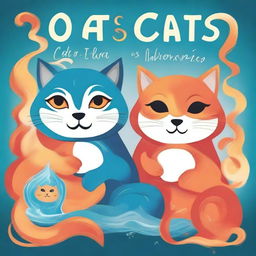 Create a book cover featuring three anthropomorphic cats, each with elemental powers: fire, air, and water