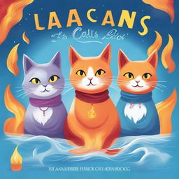 Create a book cover featuring three anthropomorphic cats, each with elemental powers: fire, air, and water