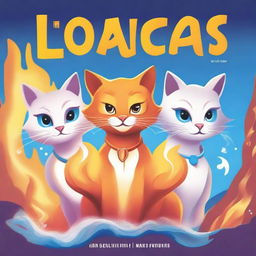 Create a book cover featuring three anthropomorphic cats, each with elemental powers: fire, air, and water