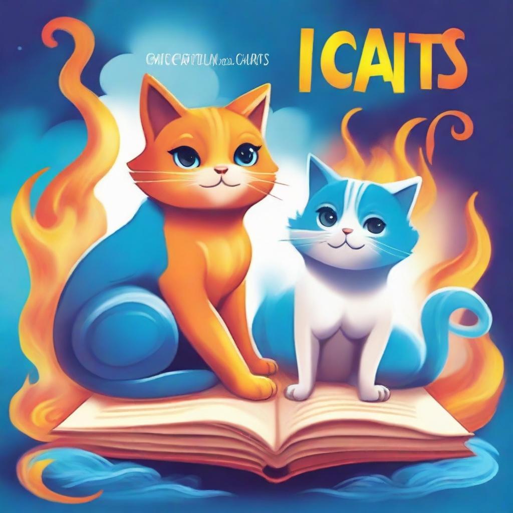 Create a captivating book cover featuring three anthropomorphic cats, each wielding elemental powers: fire, air, and water