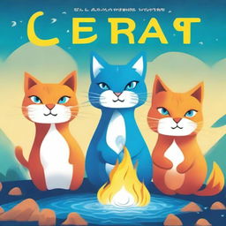 Create a captivating book cover featuring three anthropomorphic cats, each wielding elemental powers: fire, air, and water