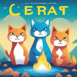 Create a captivating book cover featuring three anthropomorphic cats, each wielding elemental powers: fire, air, and water