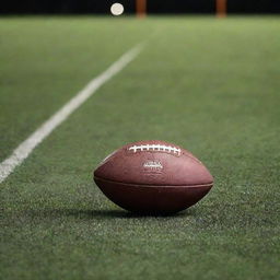 A dynamic image of a football in motion, gleaming under stadium lights on a grass field.