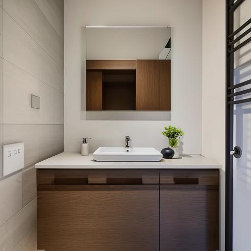 An elegant and modern washroom, featuring a stylish vanity design, an attractive washbasin, and a spacious closet designed seamlessly within the washroom