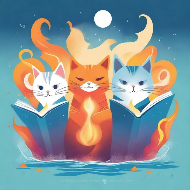 Create a captivating book cover featuring three anthropomorphic cats, each wielding elemental powers: fire, air, and water