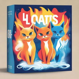 Create a captivating book cover featuring three anthropomorphic cats, each wielding elemental powers: fire, air, and water