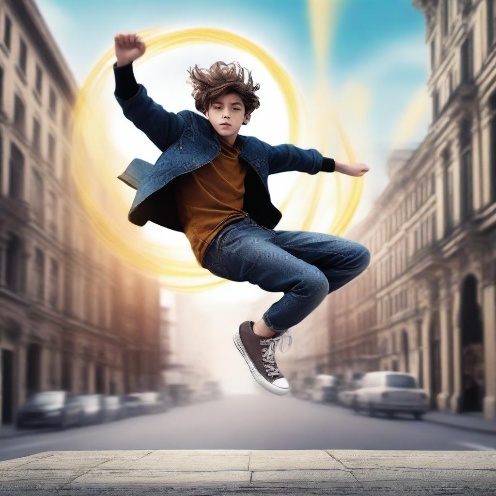 Create an image of a teenager named Hugo who has air powers