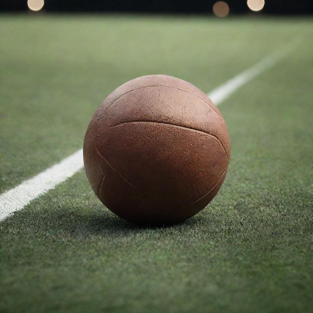 A dynamic image of a football in motion, gleaming under stadium lights on a grass field.