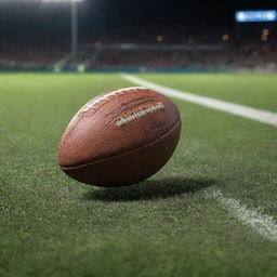 A dynamic image of a football in motion, gleaming under stadium lights on a grass field.