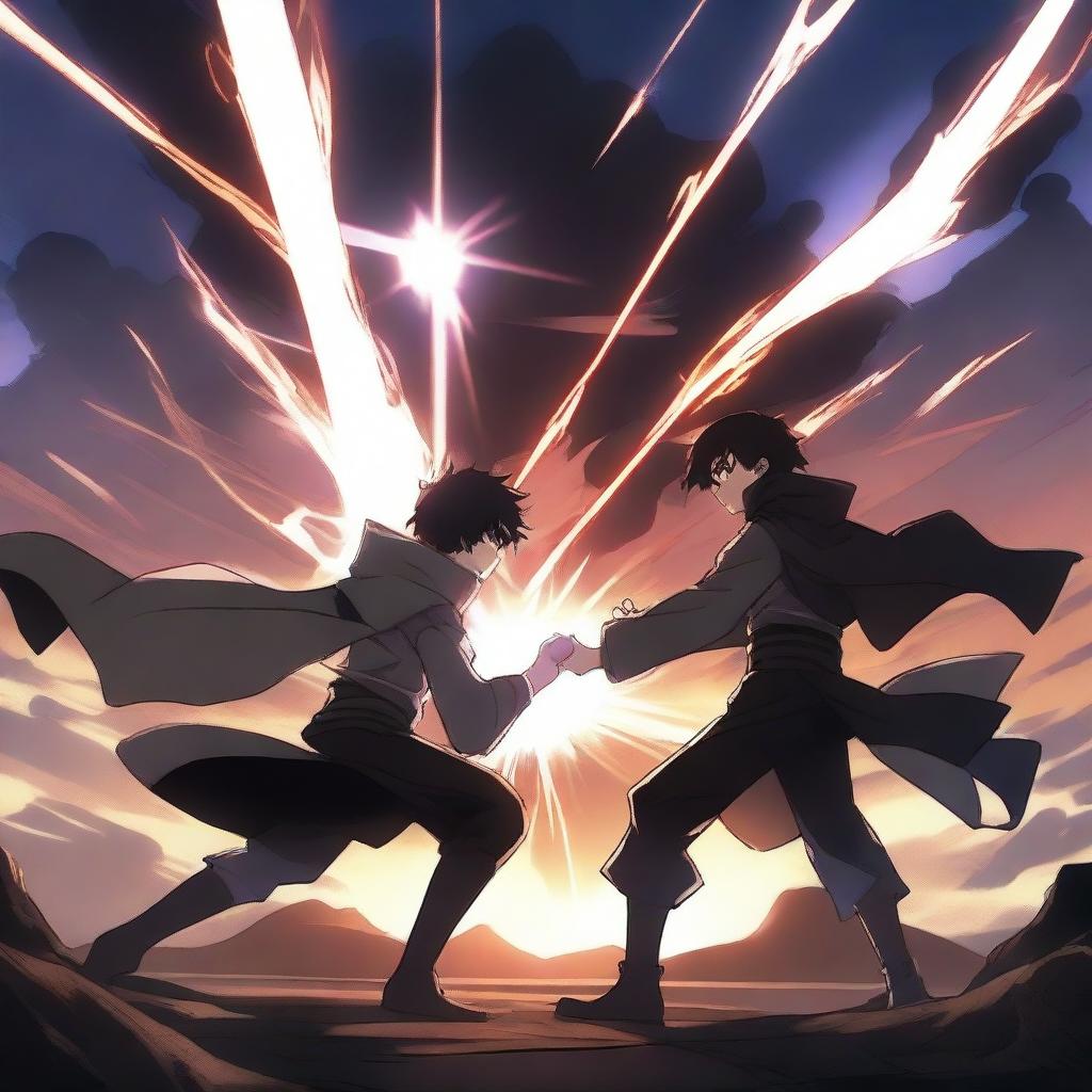 An intense battle scene featuring a teenager with powers of light fighting a teenager with powers of darkness