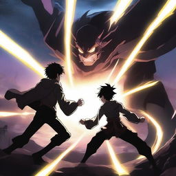 An intense battle scene featuring a teenager with powers of light fighting a teenager with powers of darkness