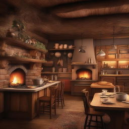 A cozy kitchen tavern with wooden furniture, rustic decor, and a warm, inviting atmosphere