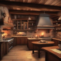 A cozy kitchen tavern with wooden furniture, rustic decor, and a warm, inviting atmosphere