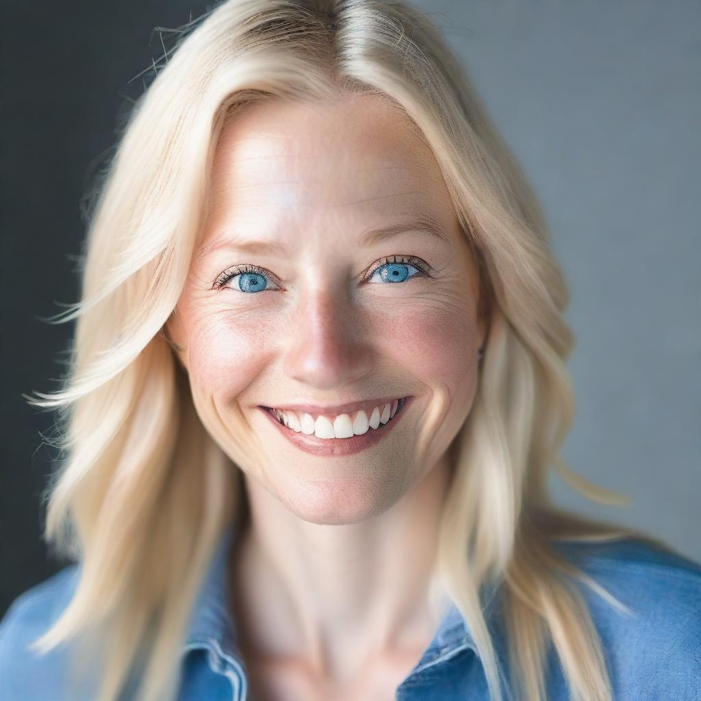 A detailed portrait of a white woman with fair skin, light-colored hair, and blue eyes