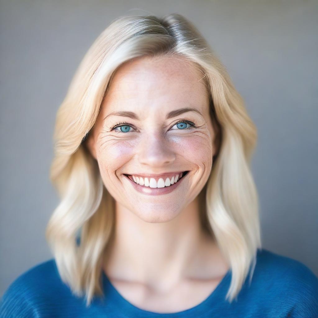 A detailed portrait of a white woman with fair skin, light-colored hair, and blue eyes