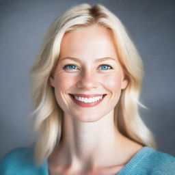 A detailed portrait of a white woman with fair skin, light-colored hair, and blue eyes