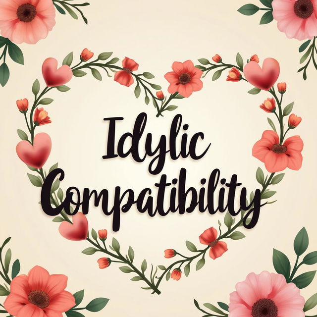 Create a beautiful social media graphic with the text "Idyllic Compatibility" about love and compatibility, using strong pastel colors, hearts, flowers, and a clean layout