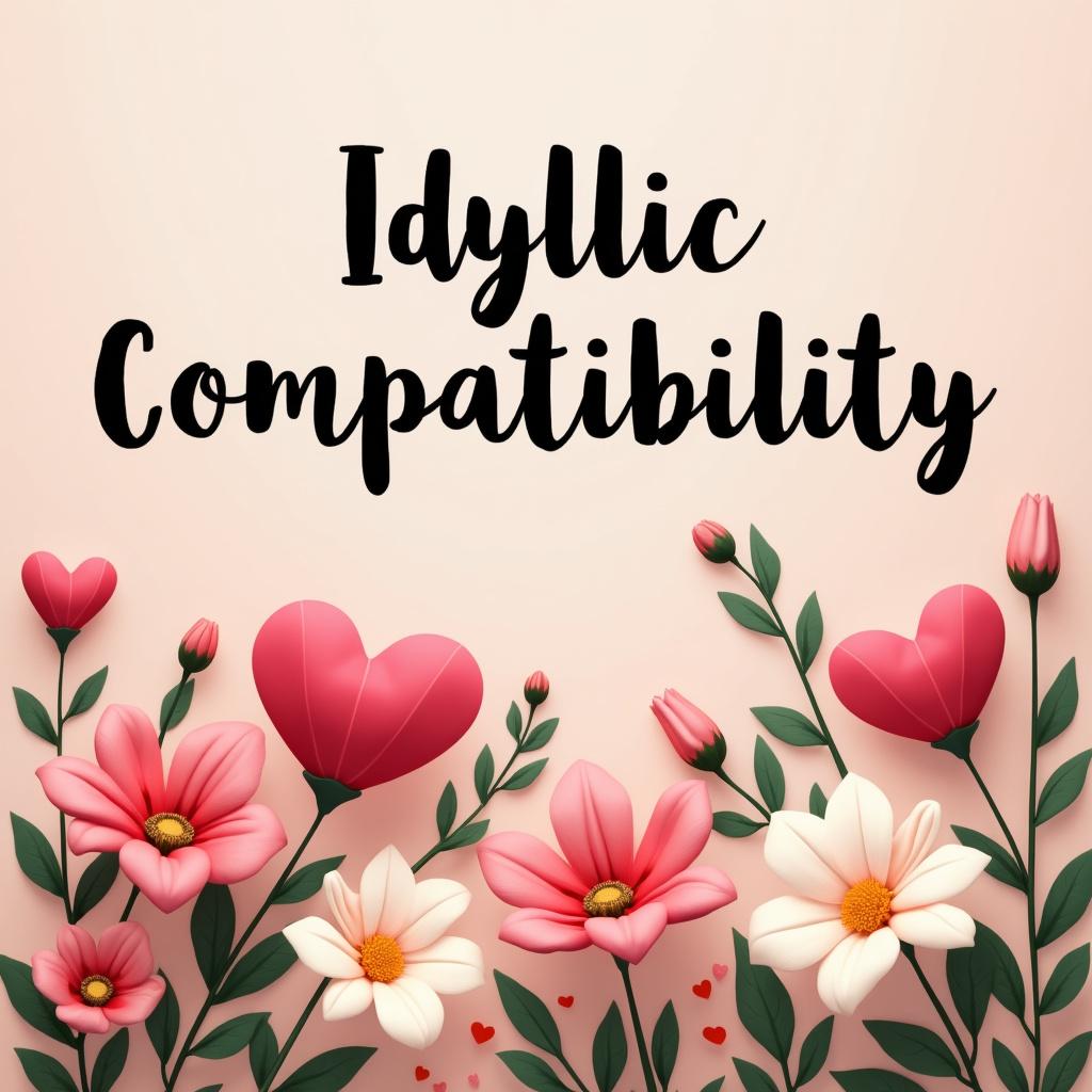 Create a beautiful social media graphic with the text "Idyllic Compatibility" about love and compatibility, using strong pastel colors, hearts, flowers, and a clean layout