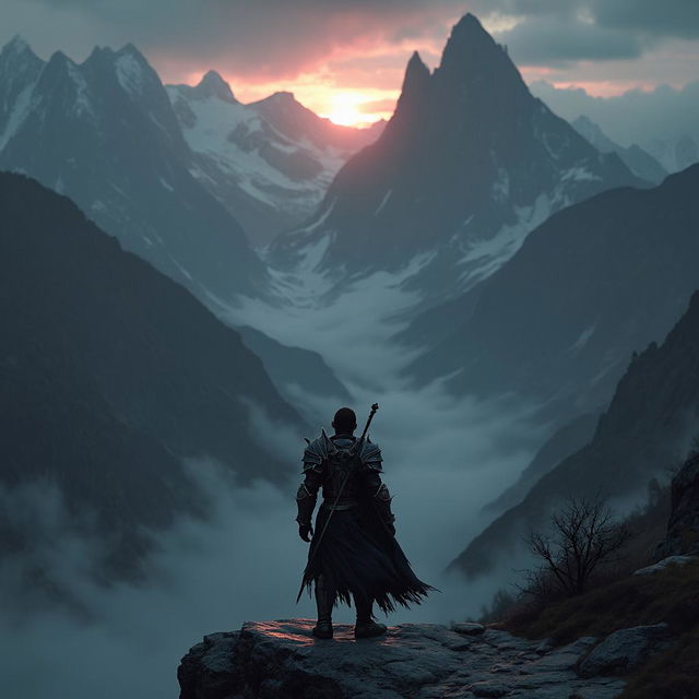 A Dark Souls-inspired knight stands on a cliff, gazing at a majestic, jagged mountain range in the distance