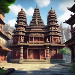 A majestic temple dedicated to the God of Martyrs, situated in the heart of a bustling castle town