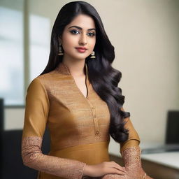 A 25-year-old Indian female IT employee wearing a figure-hugging salwar kameez, exuding confidence and professionalism in a modern office setting